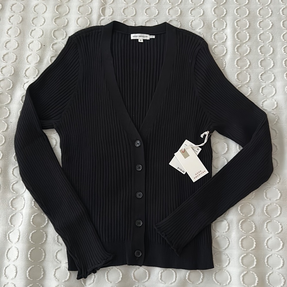 Good American Black Cozy Rib Crop Cardigan Size 3XL NWT - Picture 7 of 13